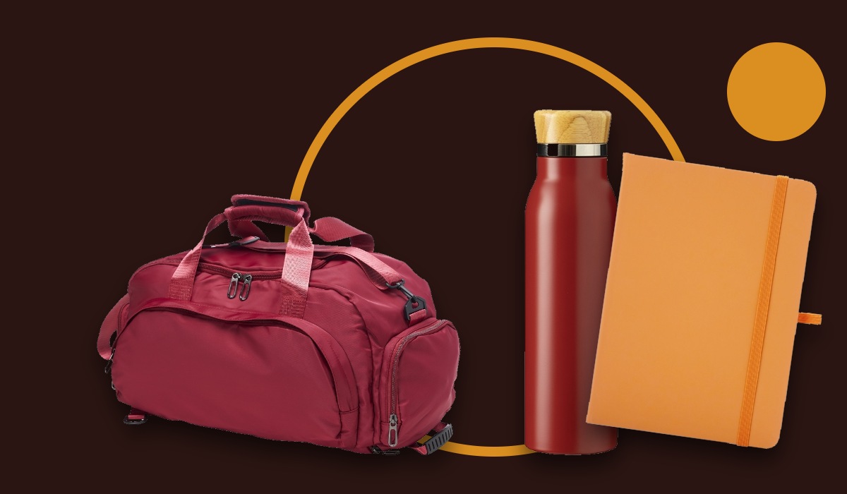 Bolsa esportiva, garrafa térmica e caderneta personalizadas